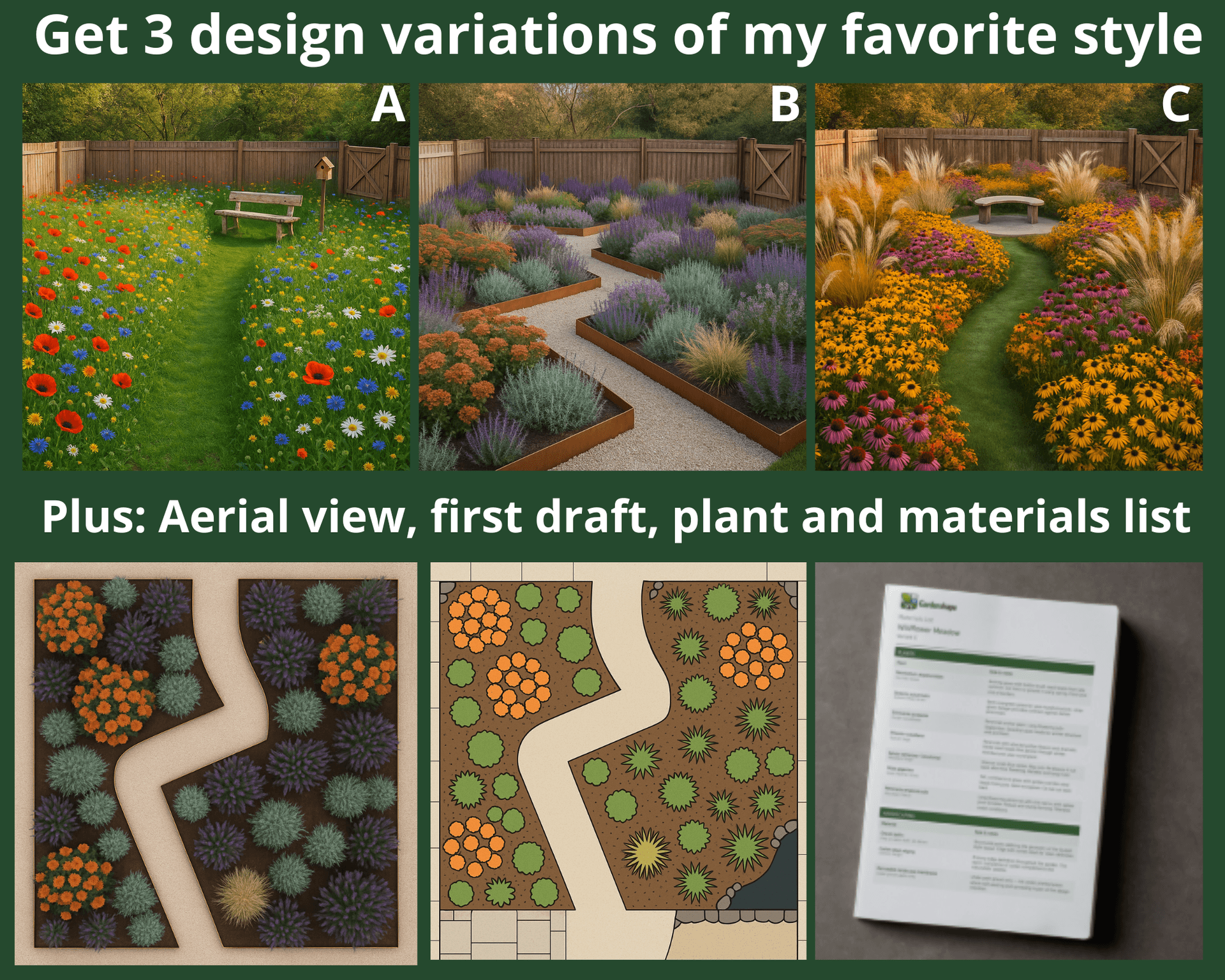Complete garden design package — three variants plus aerial view, sketch and materials list