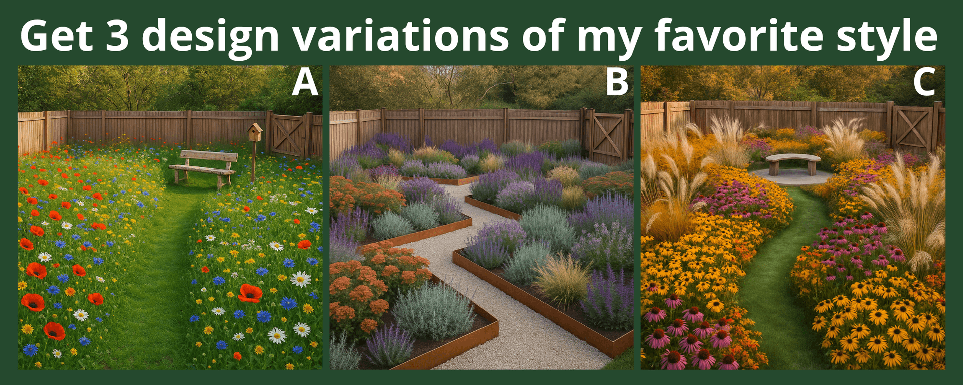 Three photorealistic garden design variants — what you get with Explore
